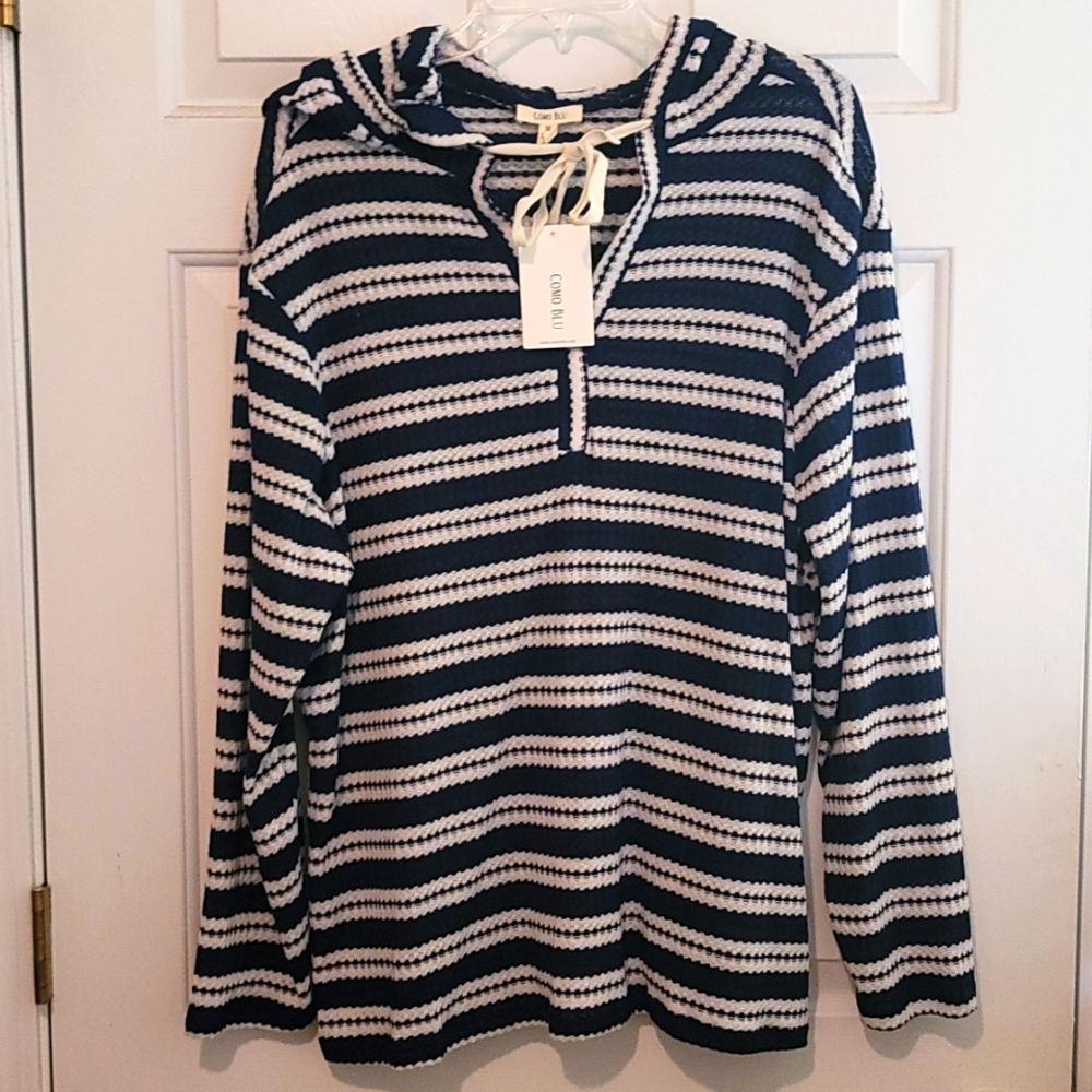 Brand New Dark Blue and White strip sweater with hood